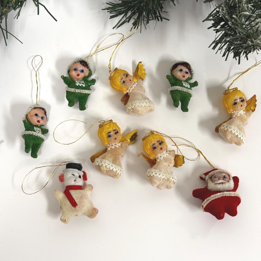 Vintage Flocked Christmas Ornaments Set: Angels, Elves, Santa, Snowman